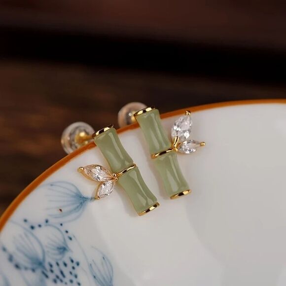 Dainty Elegant Bamboo Faux Jade Stud Earrings – Gold-Tone Leaf Crystal Accent - Picture 6 of 6